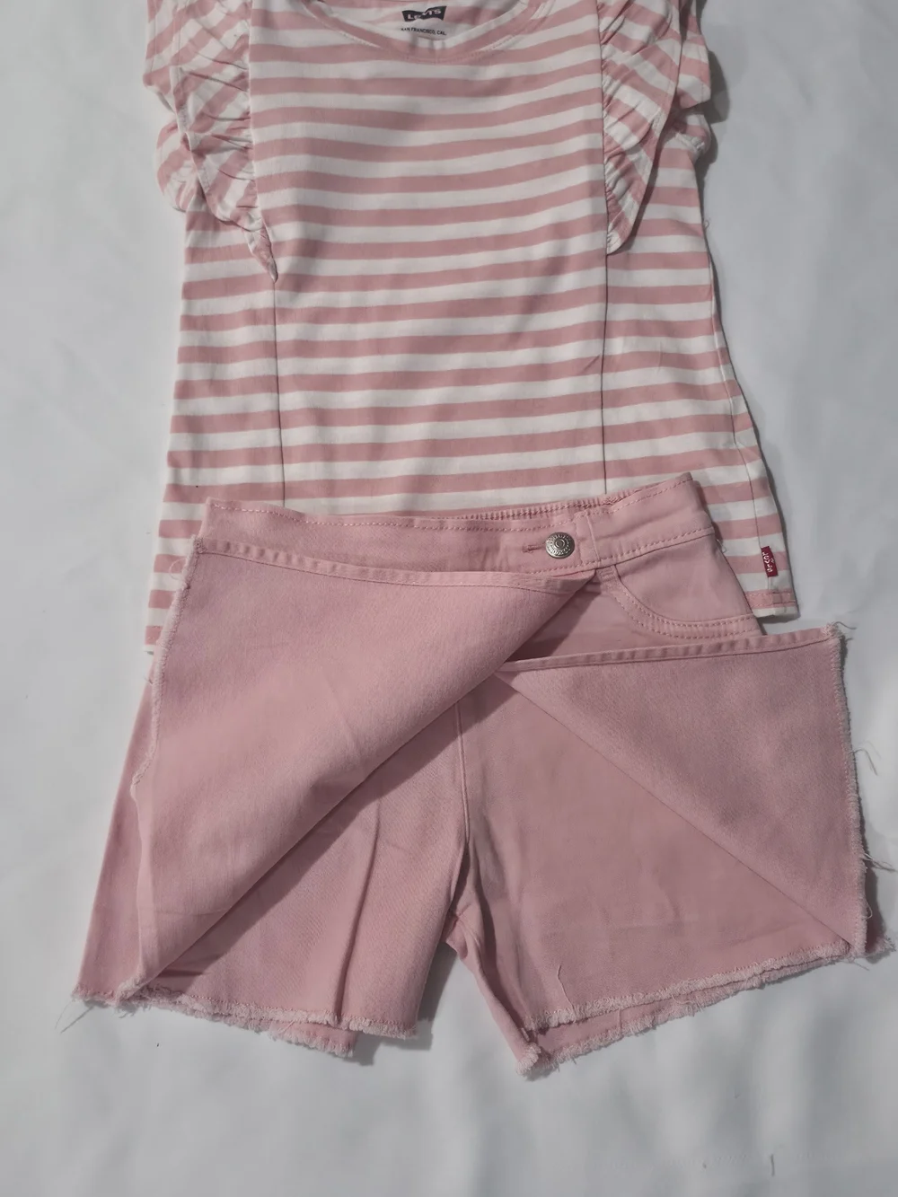 Girls Levi’s Pink Striped Ruffle Top & Pink Skirt Outfit.